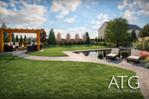 Ogród z pergolą, grillem i basenem