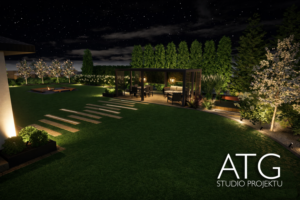 Rozświetlony ogród nocą z pergolą