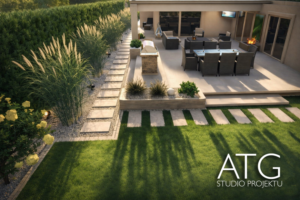 projekt ogrodu, nowoczesny taras, kolory piaskowe, trawy