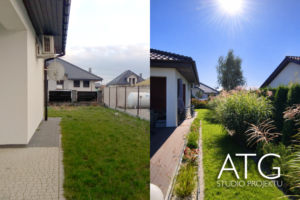 ścieżka między domem a rabatą roślinną