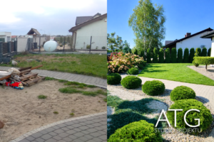zielony ogród z hortensjami i bonsai