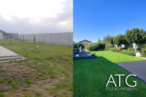 słoneczny dzień w ogrodzie z tarasem