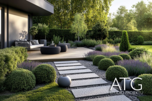 projekt ogrodu, taras, ścieżka, lawendy