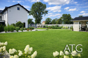 widok na gotowy ogród przydomowy, trawa, rośliny, dom