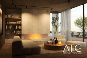 projekt wnętrza, salon, kominek, styl minimalistyczny, nowoczesny