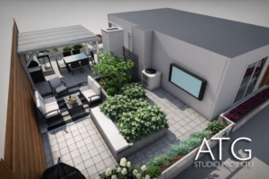 Nowoczesna przestrzeń na dachu z pergolą i grillem